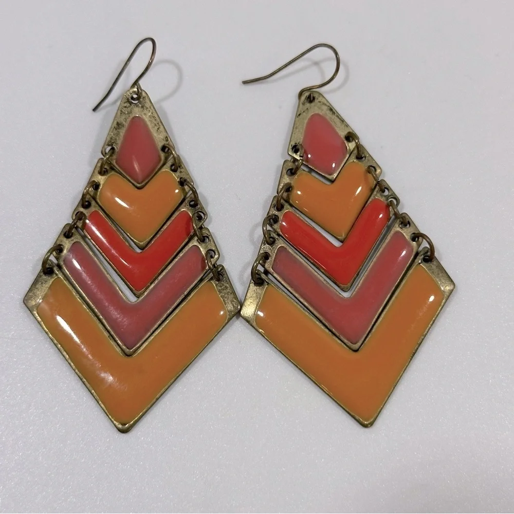Vintage Enamel Geometric Chevron Dangle Earrings Red Pink Orange